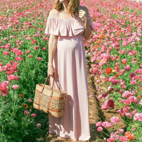 INGRID & ISABEL boho maternity ruffle off the shoulder pink maxi dress Sz S NEW - Picture 6 of 9